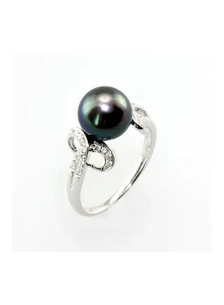 Ring, Freshwater Pearls, A Quality, Treated Black Color, 9.0-8.5MM, 18KW, 34D-0.12Cts, VS Clarity, G/H Color 