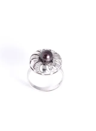 Ring, Freshwater Pearls, A Quality, Treated Black Color, 7.0-6.5MM, 18KW, 18D 0.18CT 
