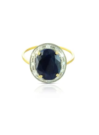 18k Gold 10mm Genuine Oval Cut Midnight Blue Sapphire 0.12Ct Genuine Diamonds Ring 