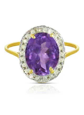 18K Gold Genuine Diamond Oval Cut Amethyst Ring 0.12 Carat 