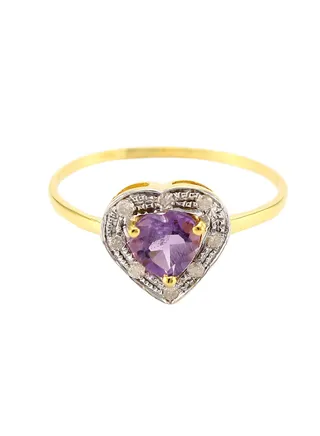 18K Solid Gold 0.6Ct Genuine Heart Cut Amethyst 0.08Ct Genuine Diamonds Ring 