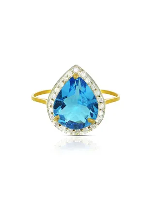 18k Gold 10mm Genuine Drop Cut Swiss Blue Topaz 0.12Ct Genuine Diamonds Ring 