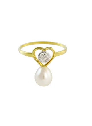 18K Solid Yellow Gold 0.07Cts Genuine Diamonds And 7mm Pearl Solitaire Heart Ring 