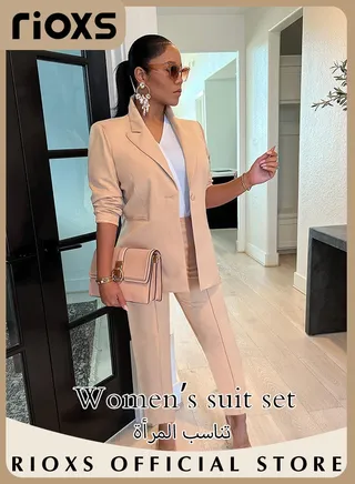 Women's 2 Piece Business Solid Color Blazer Suit Sets Casual Open Front Blazer Long Sleeve Blazer Coat & Knee-high Shorts 