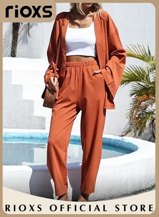 Women's 2 Pieces Cotton Linen Outfit Daily Casual Set Loose Cardigan Long Sleeves Tops and Elastic Waist Straight Pants 