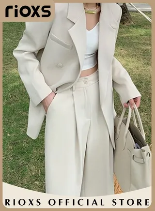 Women's 2 Pieces Loose Blazer Suits Double Breasted Long Sleeve V Neck Jacket & Long Loose Leg Pants Comfortable and Stylish Outfits for Ladies 