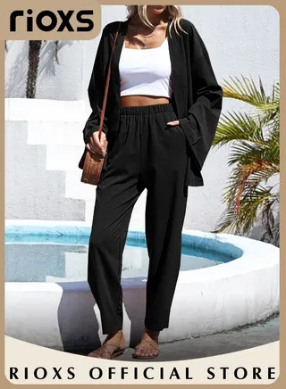 Women's 2 Pieces Cotton Linen Outfit Daily Casual Set Loose Cardigan Wide Long Sleeves Tops and Elastic Waist Straight Pants 