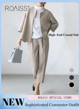 2 Piece Women Suit Set  Loose Fit Design Cape Style Outer Jacket and Relaxed Tapered Pants Versatile and Stylish Ladies Casual Suit Set for Everyday Commute 