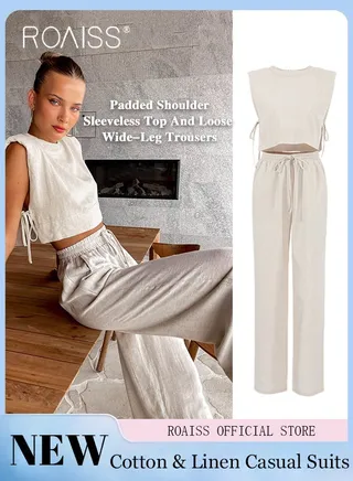 2 Piece Women Suit Set Cotton Linen Fabric Sleeveless Vest Top and Loose Wide Leg Trousers Casual Suit Set for Women Loose Fit Design Inclusive for All Body Types Suitable for School and Work 
