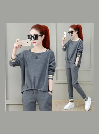 Sports Wear Loose Casual Top And Drawstring Pants Spring Early Autumn Leisure Suits Gray 