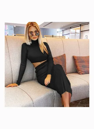 2-Piece Turtle Neck Top With Long Skirt Set Black 