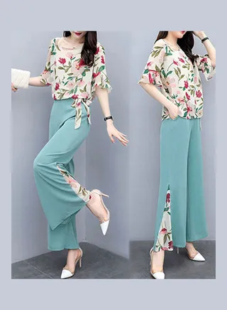 Slim Floral Printing Tops And Wide Leg Pants Two Piece Suit Outfit Fruit Green 