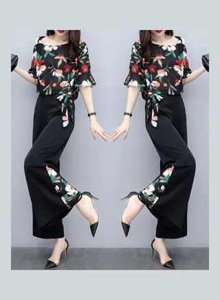Fashion Slim Floral Printing Tops And Wide Leg Pants Suit Outfit Black 