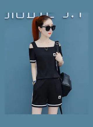 2-Piece Strriped Top And Straight Shorts Set Black/White 