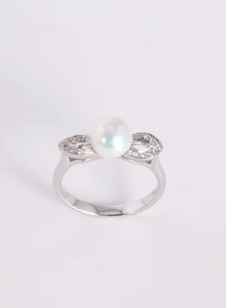 Ring, Freshwater Pearls, A Quality, White Color, 7.5-7.0MM, 10D-0.06Cts, 18KW 