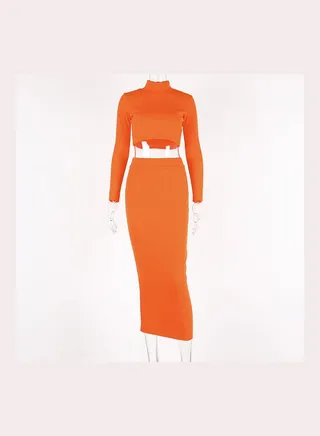2-Piece Turtle Neck Top With Long Skirt Set Orange 