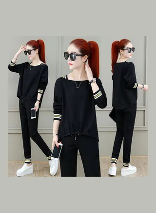 Long Sleeves Top And Pants Set Black 