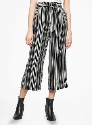 Mid-Rise Striped Belted Culottes Black/White 
