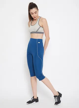 Clovia Snug Fit Mid Rise Active Capri in Cobalt Blue 