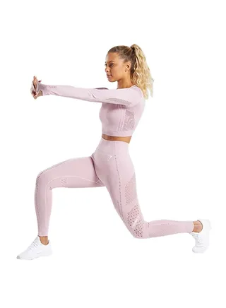 Sports Long Sleeve Elastic Hollow Yoga Set Pink 