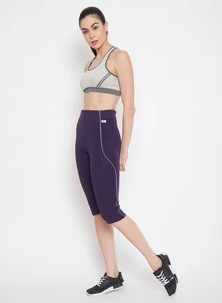 Clovia Snug Fit Mid Rise Active Capri in Dark Purple 