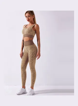 2-Piece Leopard Printed Sports Bra And High Waist Legging Set Khaki 