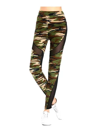 Elastic High Waist Gauze Patchwork Slim Camouflage Leggings Multicolor 