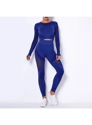Hollow Out Crop Top And Leggings Set Blue 