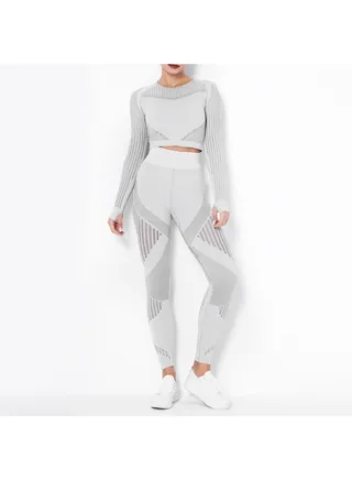 Hollow Out Crop Top And Leggings Set Grey 