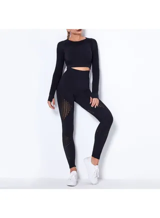 Hollow Out Crop Top And Leggings Set Black 