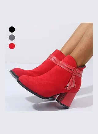 Fashionable Block Heel Faux Leather Zip Tassel Ankle Boots Red 