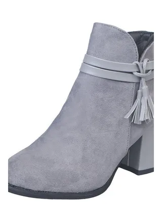 Fashion Women Heel Faux Leather Zip Tassel Ankle Boots Grey 