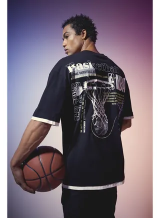 Man Oversize Fit-Nba Crew Neck Short Sleeve Knitted T-Shirt 