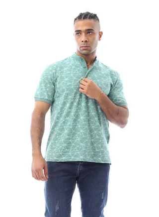 Buttoned Mandarin Collar Mint Polo Shirt 