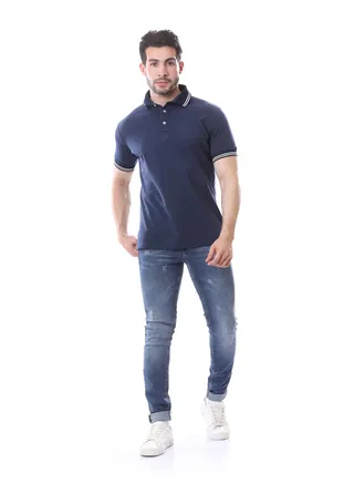 Polo Shirt with Buttoned Neck - Navy Blue 