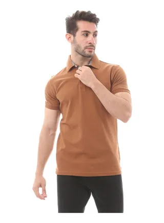 Cotton Buttoned Polo Shirt-Brown 