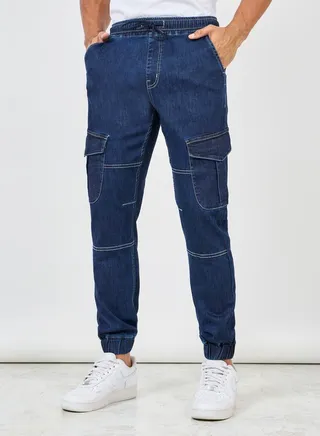 Premium Stretch Mid Rise Cargo Cuffed Hem Jeans 