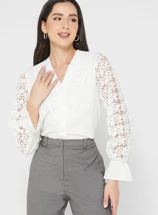 Crochet Trim Cuff Sleeve Detail Blouse
