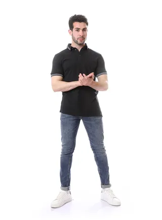Solid Polo Shirt with Striped Cuffs - Black 