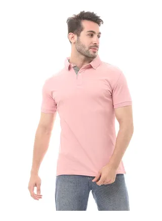 Solid Cotton Buttoned Polo Shirt-Rose 