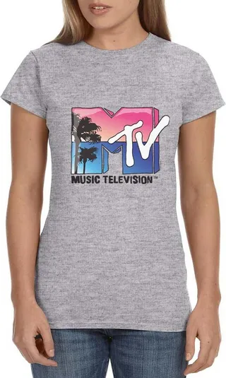 MTV Womens' Music Television Beach Classic Icon '80s Crewneck T-Shirt (Large) Grey