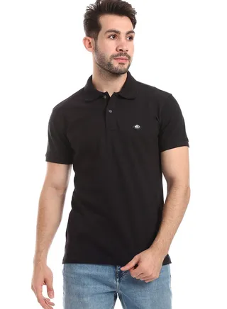 Double Buttoned Short Sleeves Pique Black Polo Shirt 