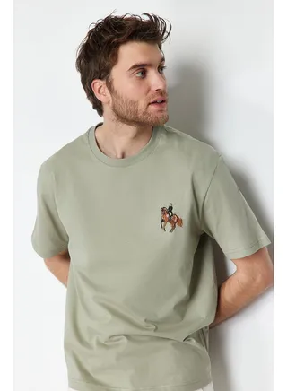 Mint Men's Relaxed/Comfortable Cut Horse/Animal Embroidery Short Sleeve  T-Shirt 