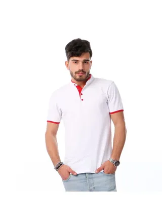 Casual Solid Mandarin Neck Short Sleeve T-Shirt White 