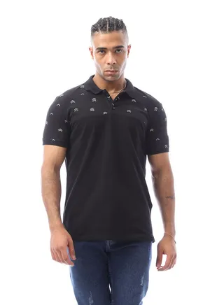 Black Polo Shirt With Patterned Shoulders 
