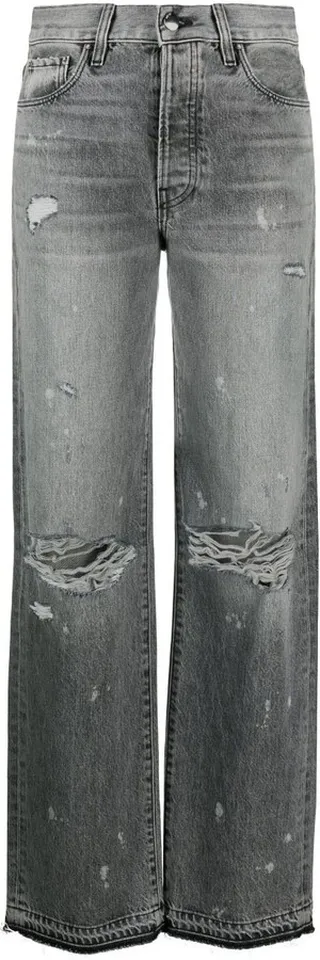 Grey Distressed Straight-Leg Jeans