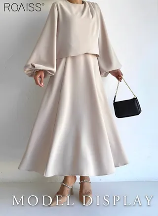 2-Piece Women's Shirt And Skirt Set Round Neck Lantern Sleeve Loose Fitting Pullover Shirt+Elastic Waist Design High Waisted Large Hem A-Line Skirt 