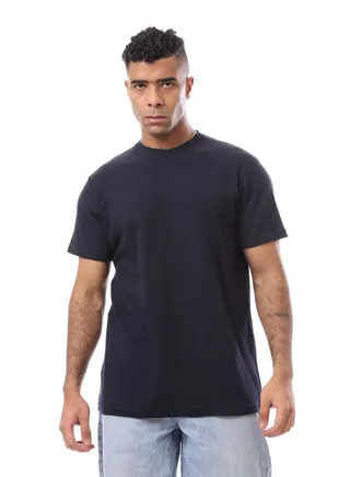 Self Pattern Dark Navy Blue Crew Neck T-Shirt 