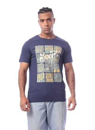 Navy "Sports States" Printed Rounded Neck Tee 