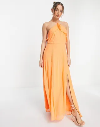 Vero Moda halter neck maxi dress with ruffle detail and slit front in orange